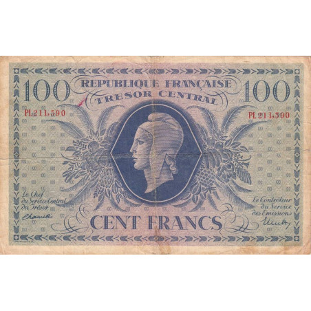 VF 06-01d - 100 francs - Trésor central - 1943 - Série PL - Etat : TB