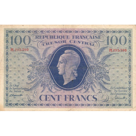 VF 06-01d - 100 francs - Trésor central - 1943 - Série PL - Etat : TTB-