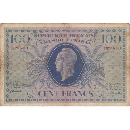 VF 06-01e - 100 francs - Trésor central - 1943 - Série PM - Etat : TB-