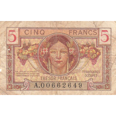 VF 29-01 - 5 francs - Trésor français - Territoires occupés - 1947 - Série A - Etat : TB-