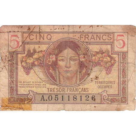 VF 29-01 - 5 francs - Trésor français - Territoires occupés - 1947 - Série A - Etat : B-