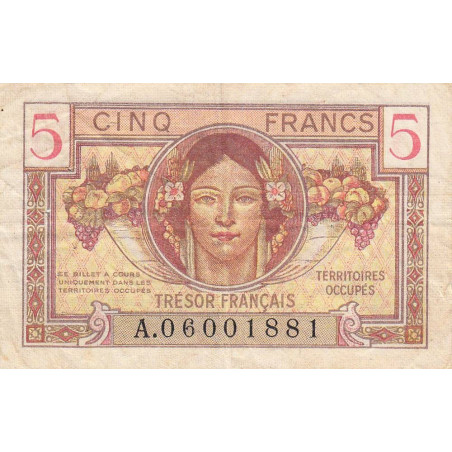 VF 29-01 - 5 francs - Trésor français - Territoires occupés - 1947 - Série A - Etat : TB+