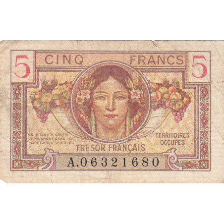 VF 29-01 - 5 francs - Trésor français - Territoires occupés - 1947 - Série A - Etat : TB-