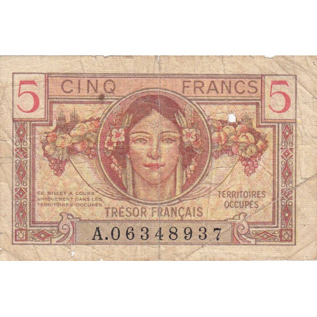 VF 29-01 - 5 francs - Trésor français - Territoires occupés - 1947 - Série A - Etat : B+