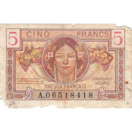 VF 29-01 - 5 francs - Trésor français - Territoires occupés - 1947 - Série A - Etat : B-