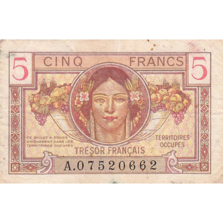 VF 29-01 - 5 francs - Trésor français - Territoires occupés - 1947 - Série A - Etat : TB