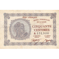 VF 50-01 - 50 centimes - Mines Domaniales de la Sarre - 1919 - Série A - Etat : TB+