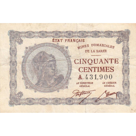 VF 50-01 - 50 centimes - Mines Domaniales de la Sarre - 1919 - Série A - Etat : TB+