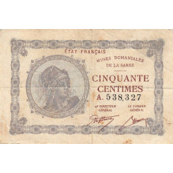 VF 50-01 - 50 centimes - Mines Domaniales de la Sarre - 1919 - Série A - Etat : TB