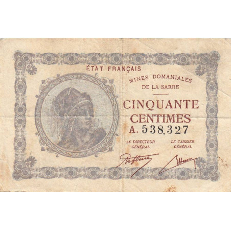 VF 50-01 - 50 centimes - Mines Domaniales de la Sarre - 1919 - Série A - Etat : TB