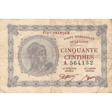 VF 50-01 - 50 centimes - Mines Domaniales de la Sarre - 1919 - Série A - Etat : TB-