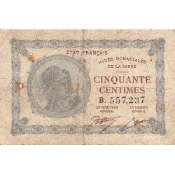 VF 50-02 - 50 centimes - Mines Domaniales de la Sarre - 1920 - Etat : TB-