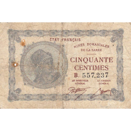 VF 50-02 - 50 centimes - Mines Domaniales de la Sarre - 1919 - Série B - Etat : TB-