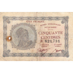 VF 50-02 - 50 centimes - Mines Domaniales de la Sarre - 1919 - Série B - Etat : TB-