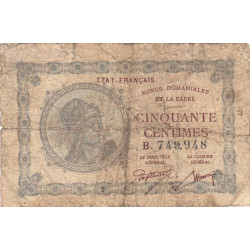 VF 50-02 - 50 centimes - Mines Domaniales de la Sarre - 1919 - Série B - Etat : B-