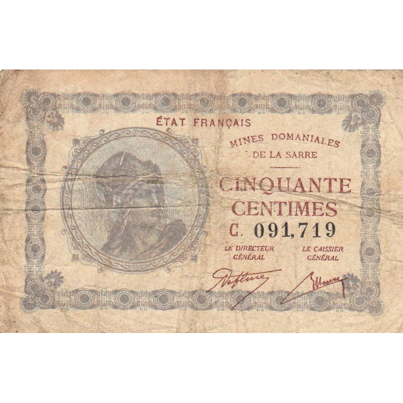 VF 50-03 - 50 centimes - Mines Domaniales de la Sarre - 1919 - Série C - Etat : TB-
