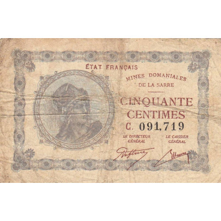 VF 50-03 - 50 centimes - Mines Domaniales de la Sarre - 1919 - Série C - Etat : TB-