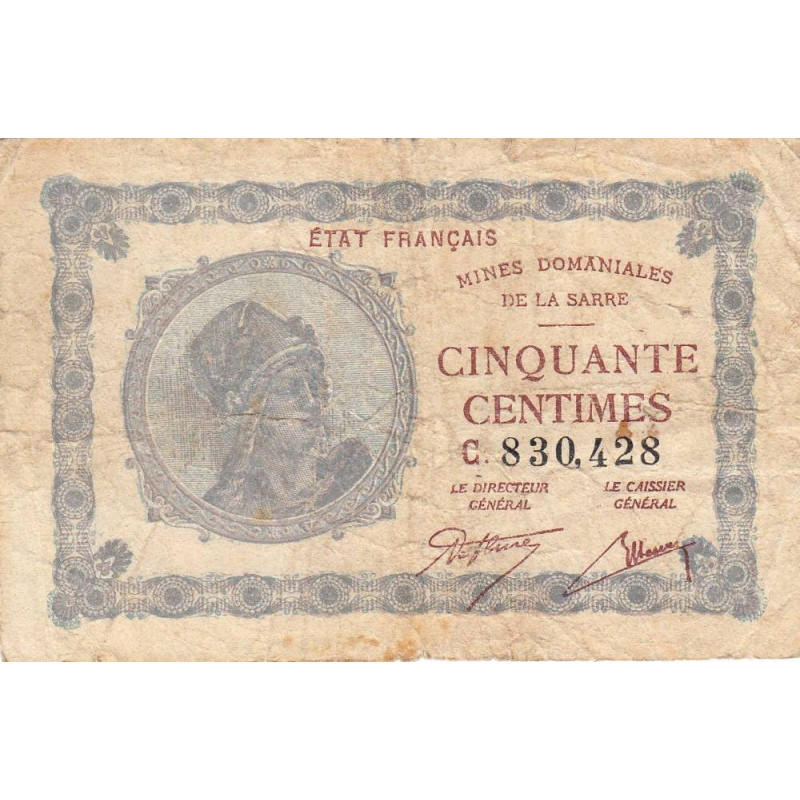 VF 50-03 - 50 centimes - Mines Domaniales de la Sarre - 1919 - Série C - Etat : TB