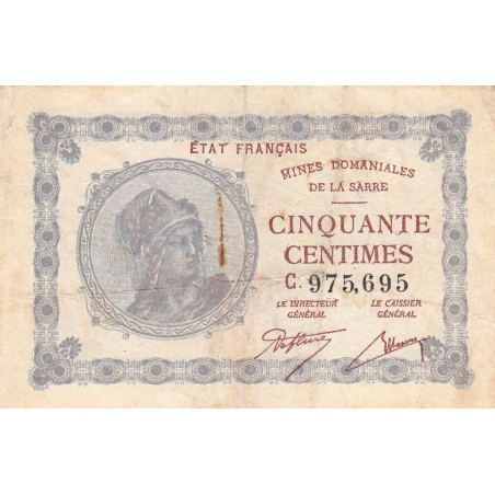 VF 50-03 - 50 centimes - Mines Domaniales de la Sarre - 1919 - Série C - Etat : TB+