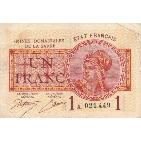 VF 51-01 - 1 franc - Mines Domaniales de la Sarre - 1919 - Série A - Etat : TB+