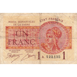 VF 51-01 - 1 franc - Mines Domaniales de la Sarre - 1919 - Série A - Etat : TB-