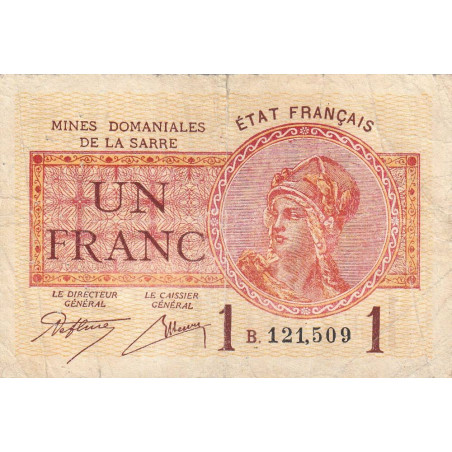 VF 51-02 - 1 franc - Mines Domaniales de la Sarre - 1919 - Série B - Etat : TB