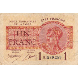 VF 51-02 - 1 franc - Mines Domaniales de la Sarre - 1919 - Série B - Etat : TB