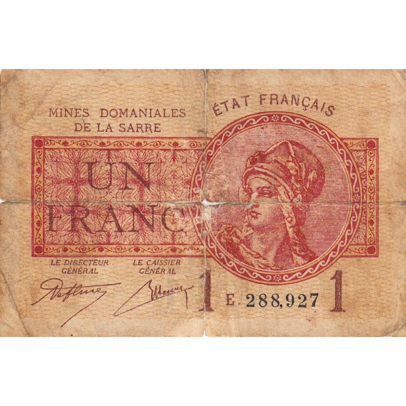 VF 51-05 - 1 franc - Mines Domaniales de la Sarre - 1919 - Série E - Etat : B-