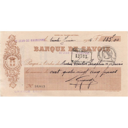 Banque de Savoie - St-Jean-de-Maurienne - 1926 - Etat : TTB+