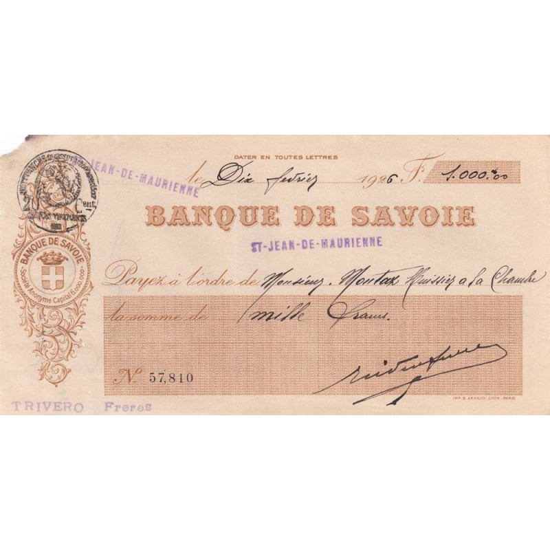 Banque de Savoie - St-Jean-de-Maurienne - 1926 - Etat : TB+