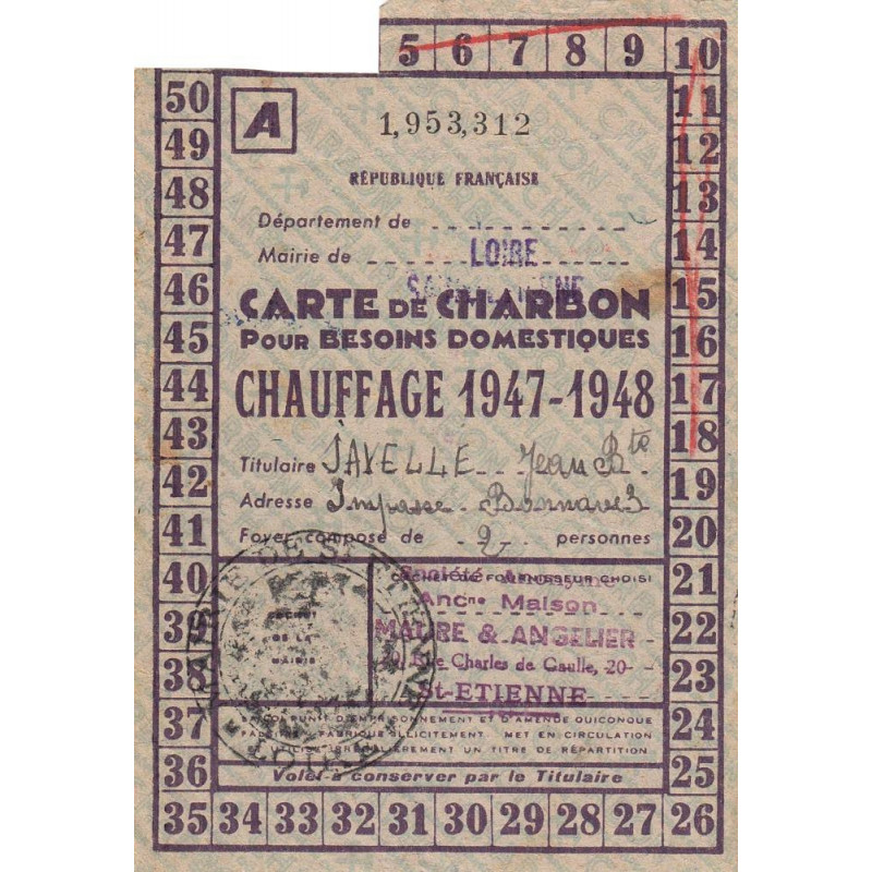 Chauffage - Charbon - Catégorie A - 1947  - Saint-Etienne (42) - Etat : TTB