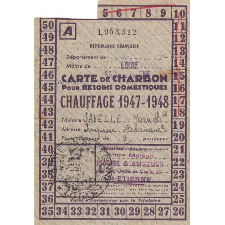 Chauffage - Charbon - Catégorie A - 1947  - Saint-Etienne (42) - Etat : TTB