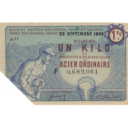 1 kg acier ordinaire - 30/09/1945 - Endossé à Soumaintrain (89) - Série F - Etat : SUP
