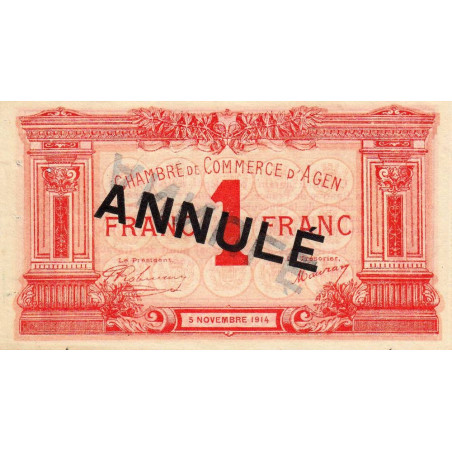 Agen - Pirot 2-4c - 1 franc - 05/11/1914 - Annulé - Etat : SUP