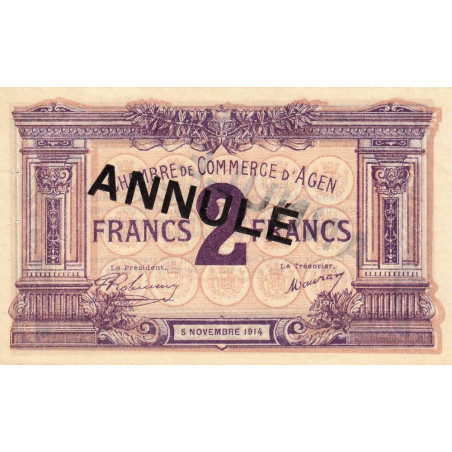 Agen - Pirot 2-6c variété - 2 francs - 05/11/1914 - Annulé - Etat : SUP