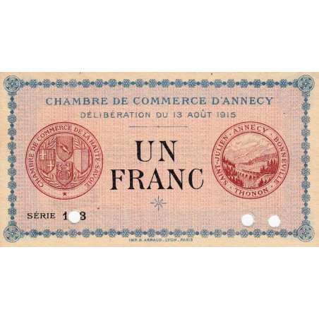 Annecy - Pirot 10-3 - 1 franc - Série 103 - 13/08/1915 - Annulé - Etat : NEUF