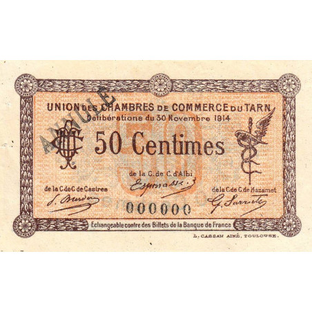 Albi, Castres, Mazamet (Tarn) - Pirot 5-2 variété - 50 centimes - 30/11/1914 - Annulé - Etat : SUP+