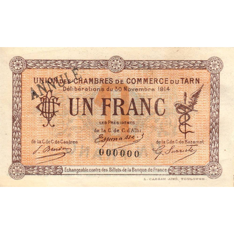 Albi, Castres, Mazamet (Tarn) - Pirot 5-6 variété - 1 franc - 30/11/1914 - Annulé - Etat : SUP