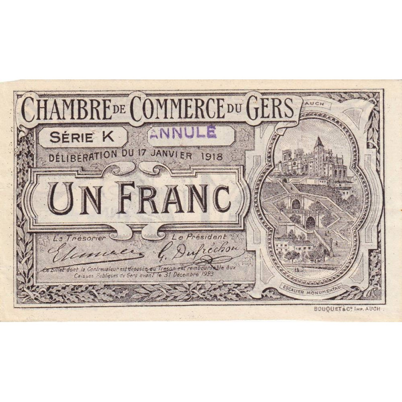Auch (Gers) - Pirot 15-16a - 1 franc - Série K - 17/01/1918 - Annulé - Etat : SUP+