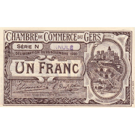Auch (Gers) - Pirot 15-23a - 1 franc - Série N - 26/11/1920 - Annulé - Etat : SUP+