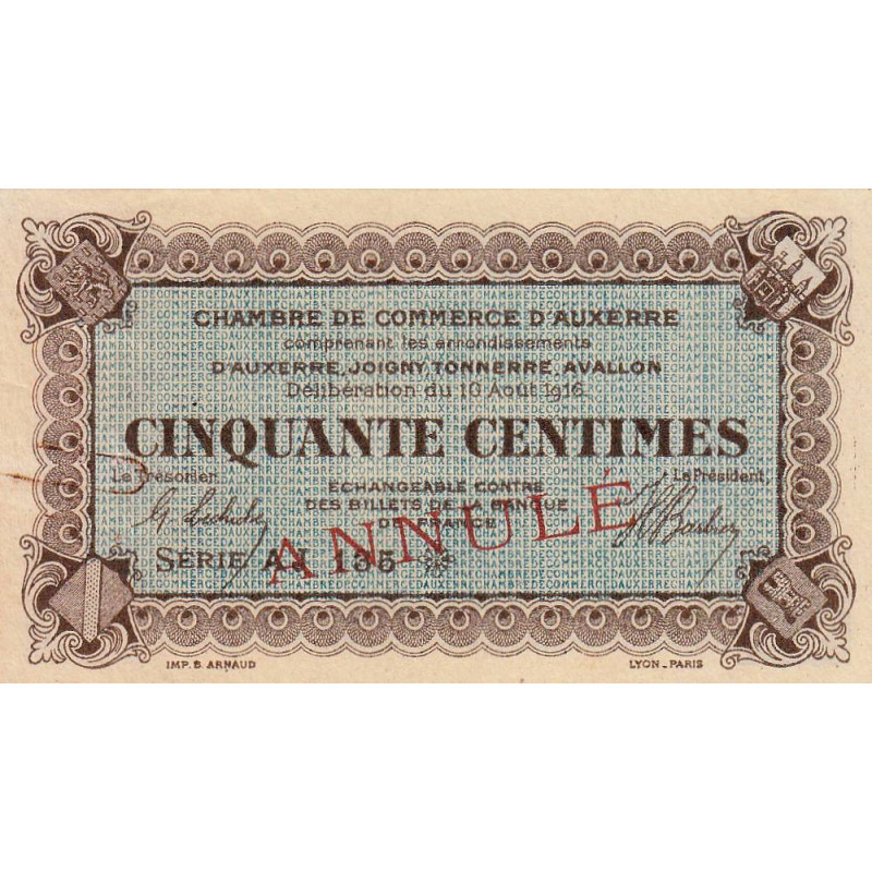 Auxerre - Pirot 17-13 - 50 centimes - Série AJ 135 - 10/08/1916 - Annulé - Etat : SUP