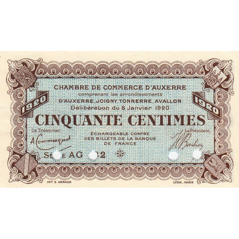 Auxerre - Pirot 17-21 - 50 centimes - Série AG 132 - 08/01/1920 - Annulé - Etat : SUP+