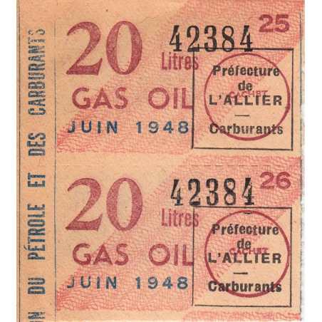 20 litres gas-oil - Juin 1948 - Allier - Bloc de 2 - Etat : SUP