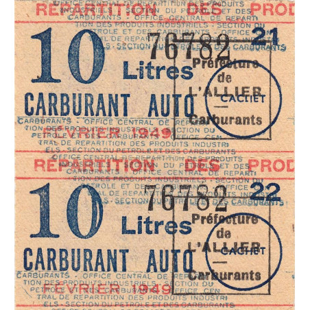 10 litres carburant auto - Février 1949 - Allier - Bloc de 2 - Etat : SUP