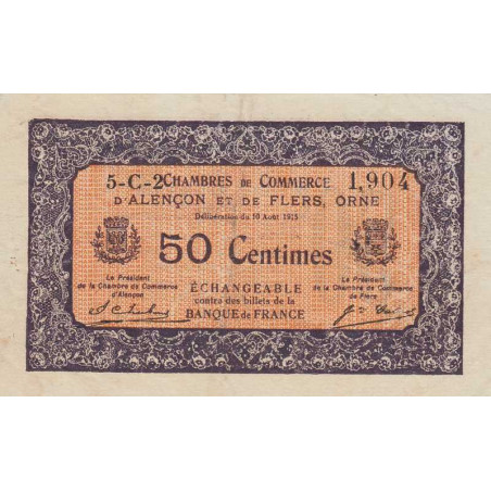 Alençon & Flers (Orne) - Pirot 6-45 - 50 centimes - Série 5C2 - 10/08/1915 - Etat : TTB