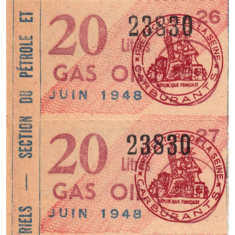 20 litres gas-oil - Juin 1948 - Seine - Bloc de 2 - Etat : SUP