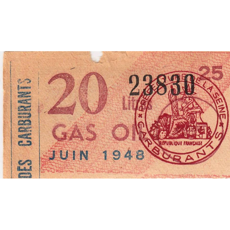 20 litres gas-oil - Juin 1948 - Seine - Etat : TB-