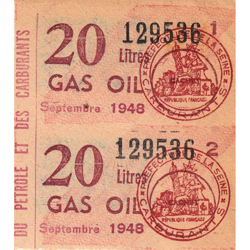 20 litres gas-oil - Septembre 1948 - Bloc de 2 - Seine - Etat : SUP