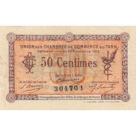 Albi, Castres, Mazamet (Tarn) - Pirot 5-1 variété - 50 centimes - 30/11/1914 - Etat : TTB