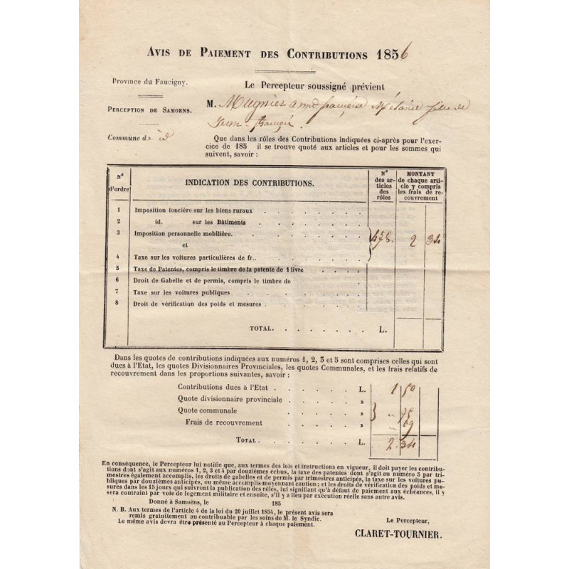 Duché de Savoie - Samoens - Contributions 1856 - 2 livres - Etat : TTB+